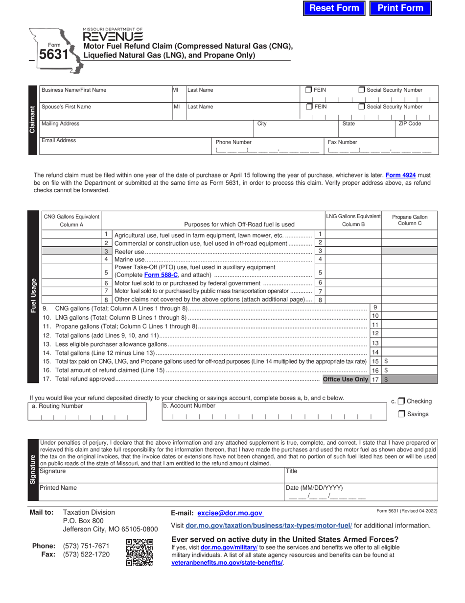 Form 5631 Motor Fuel Refund Claim (Compressed Natural Gas (Cng), Liquefied Natural Gas (Lng), and Propane Only) - Missouri, Page 1