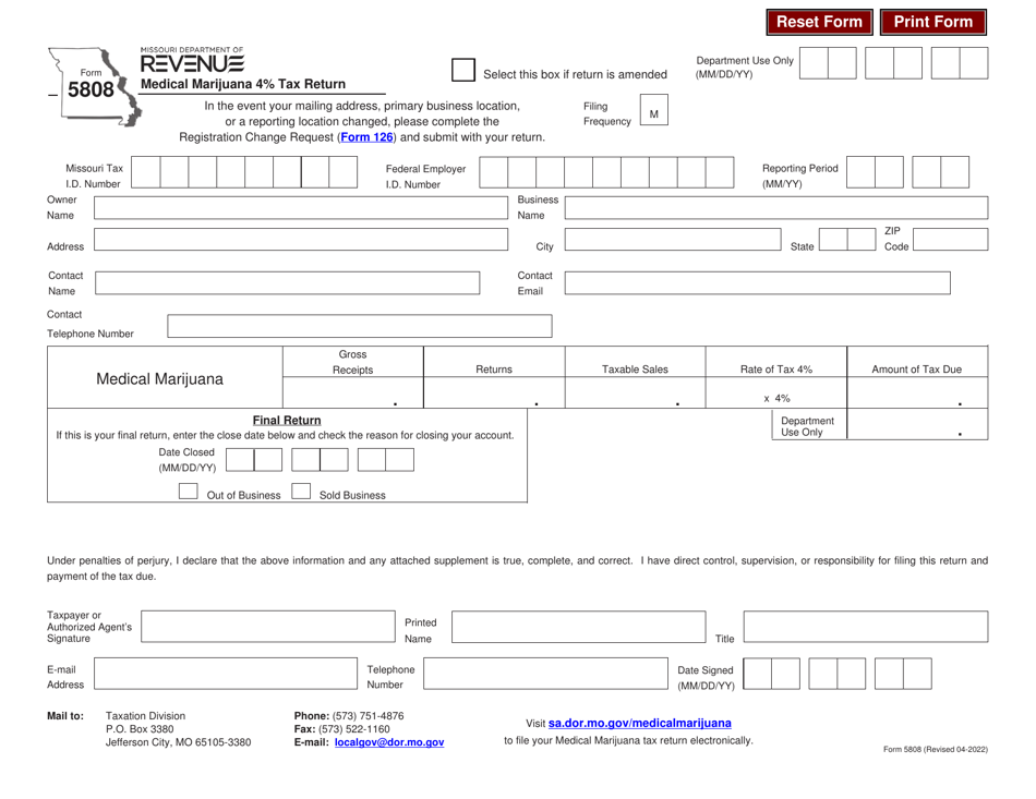 Form 5808 Medical Marijuana 4% Tax Return - Missouri, Page 1