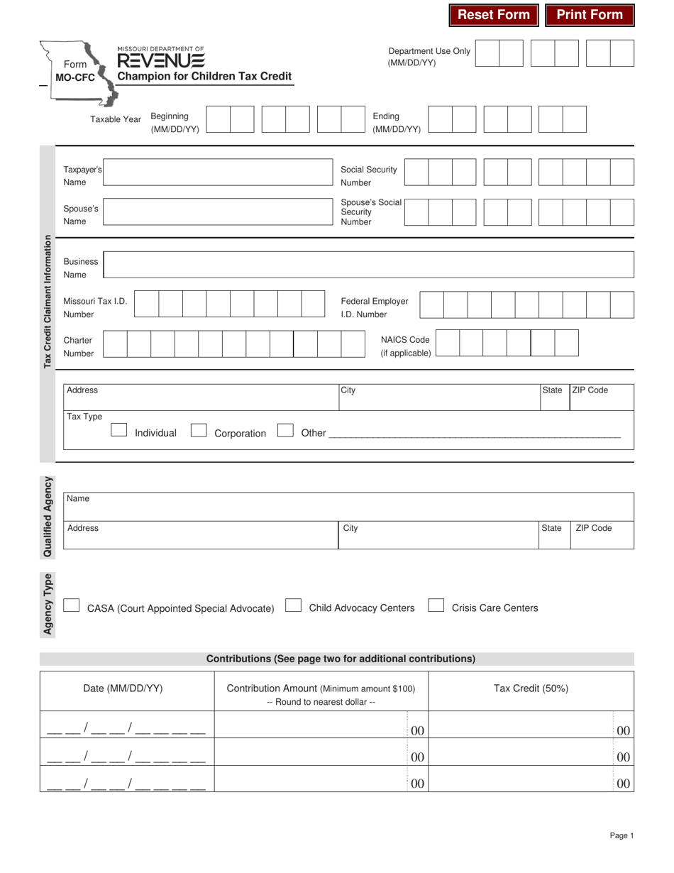 Form MO-CFC Champion for Children Tax Credit Claim - Missouri, Page 1