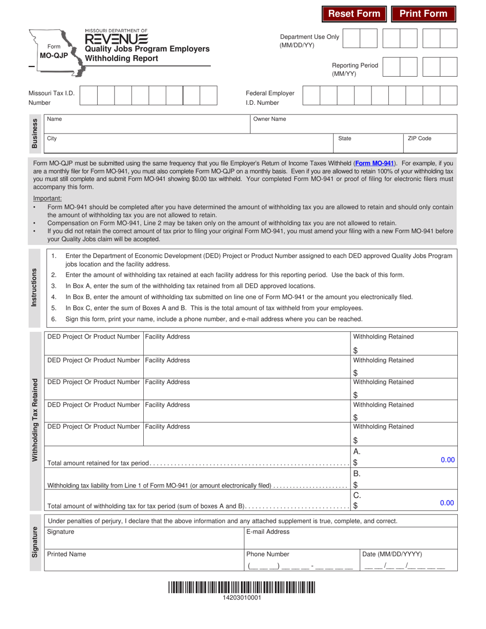 Form MO-QJP Quality Jobs Program Employers Withholding Report - Missouri, Page 1