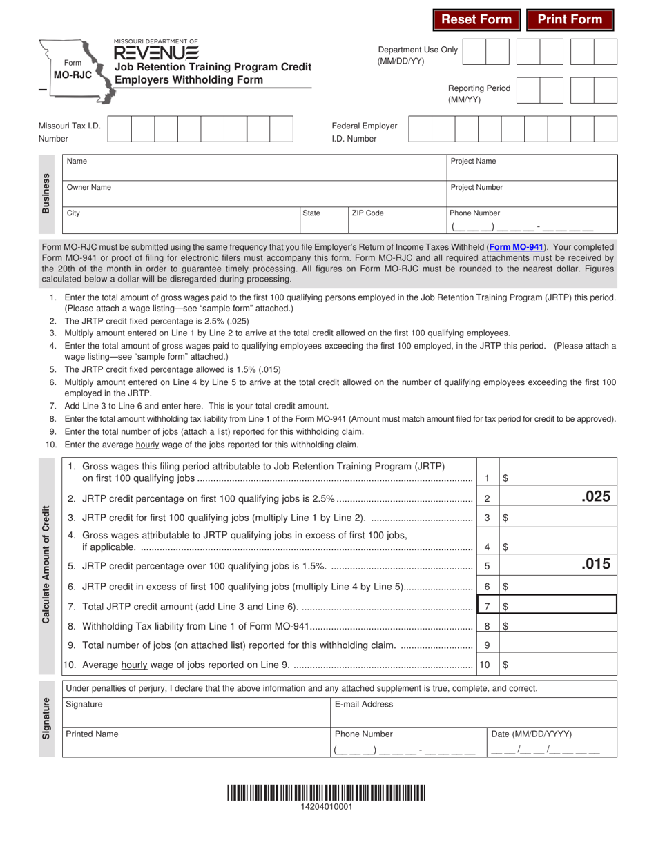 Form MO-RJC Job Retention Training Program Credit Employers Withholding Form - Missouri, Page 1