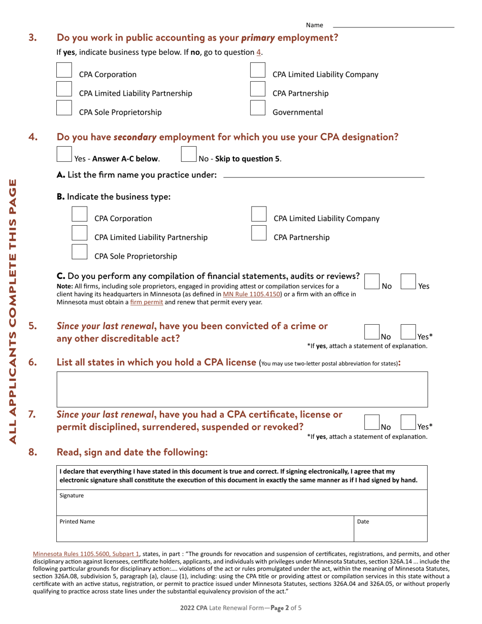 Individual CPA Late Certificate Renewal - Minnesota, Page 3