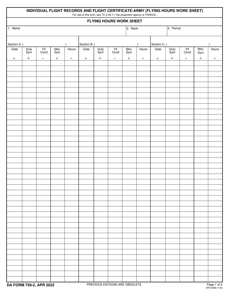 DA Form 759-2 Download Fillable PDF or Fill Online Individual Flight ...