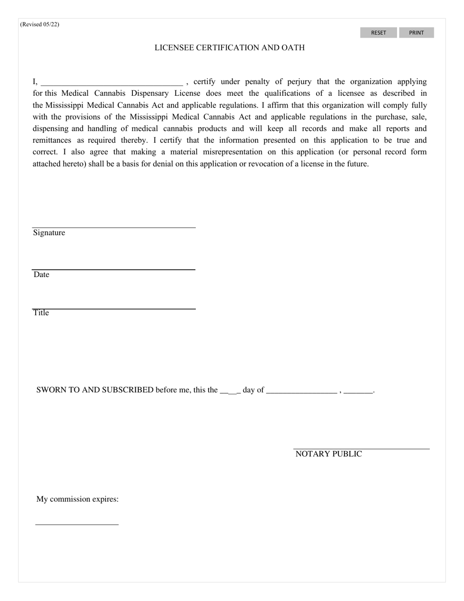 Mississippi Medical Cannabis Act Licensee Certification and Oath - Mississippi, Page 1