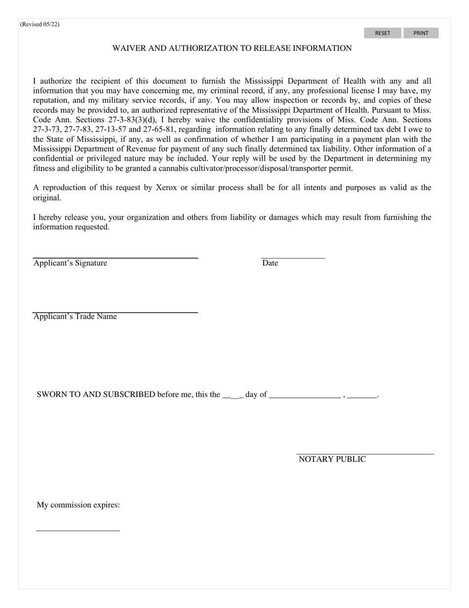 Mississippi Medical Cannabis Act Waiver and Authorization to Release Information (Msdh) - Mississippi, Page 1
