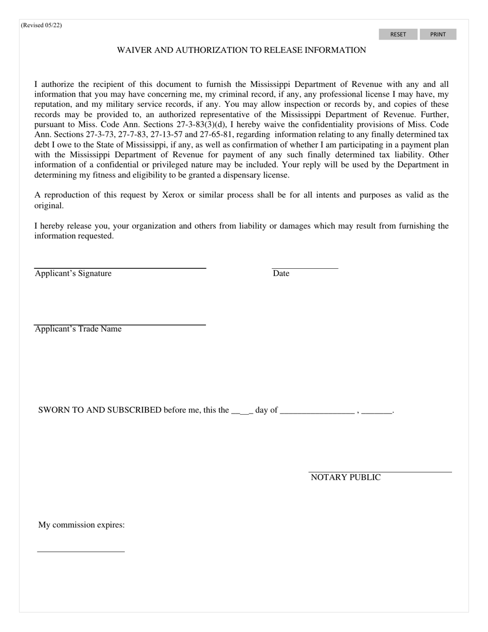 Mississippi Medical Cannabis Act Waiver and Authorization to Release Information (Msdor) - Mississippi, Page 1