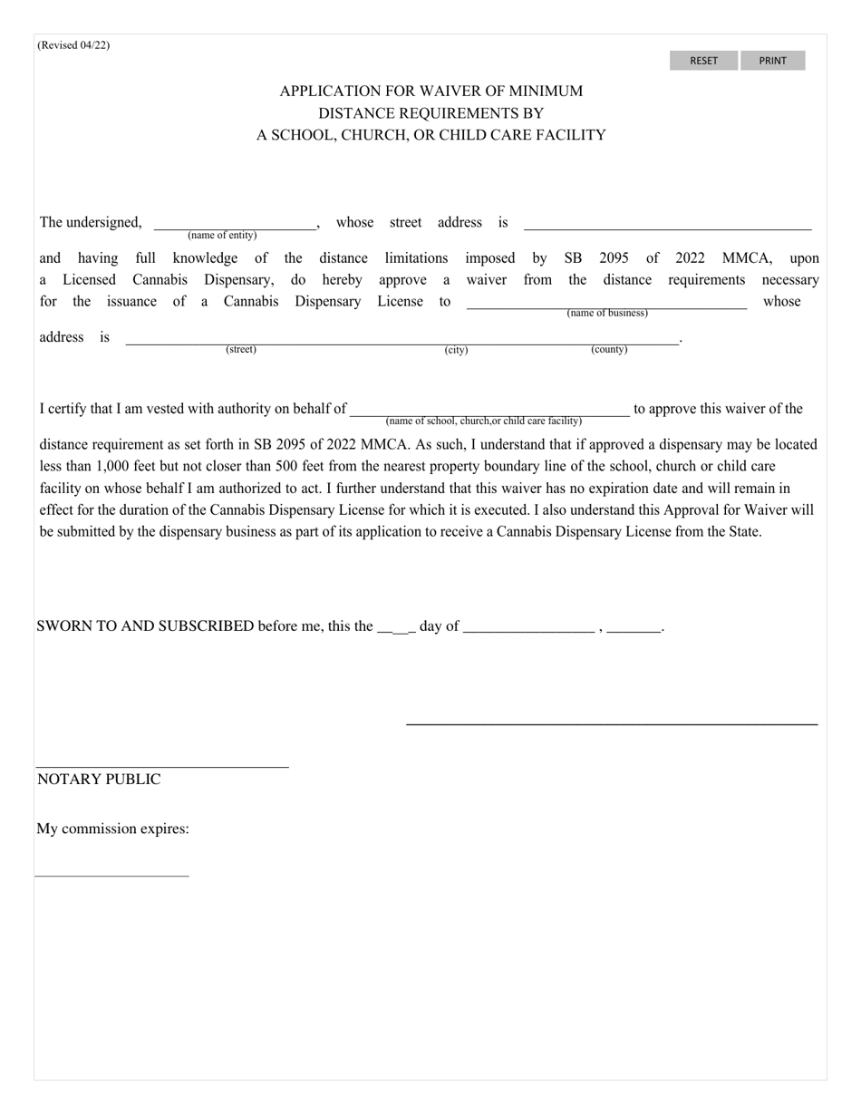 Application for Waiver of Minimum Distance Requirements by a School, Church, or Child Care Facility - Mississippi Medical Cannabis Act - Mississippi, Page 1
