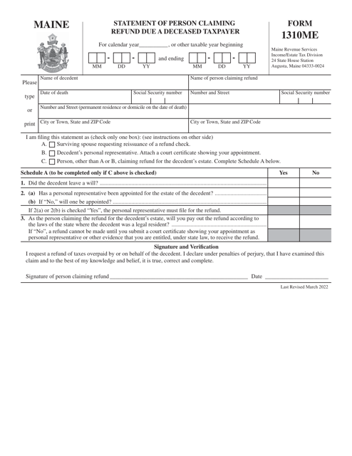 Form 1310ME Statement of Person Claiming Refund Due a Deceased Taxpayer - Maine