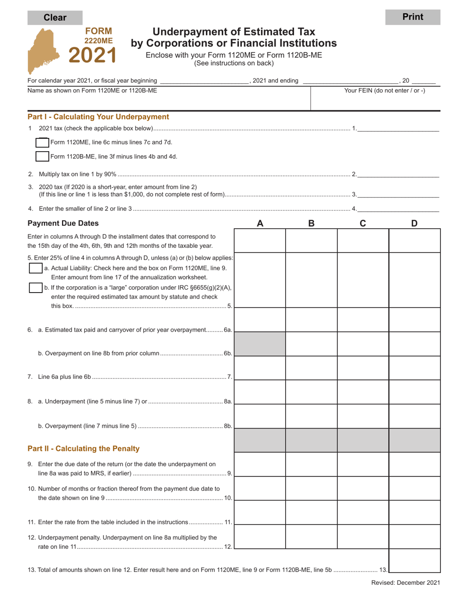 Form 2220ME Download Fillable PDF or Fill Online Underpayment of