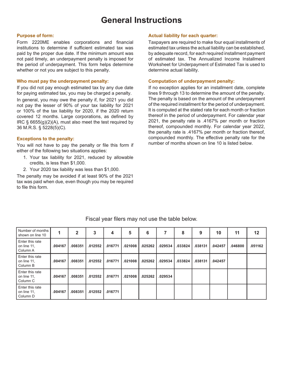 Form 2220ME Underpayment of Estimated Tax by Corporations or Financial Institutions - Maine, Page 2