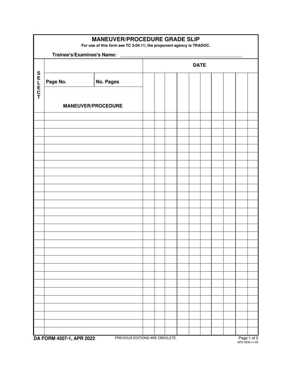 DA Form 4507-1 Maneuver / Procedure Grade Slip, Page 1