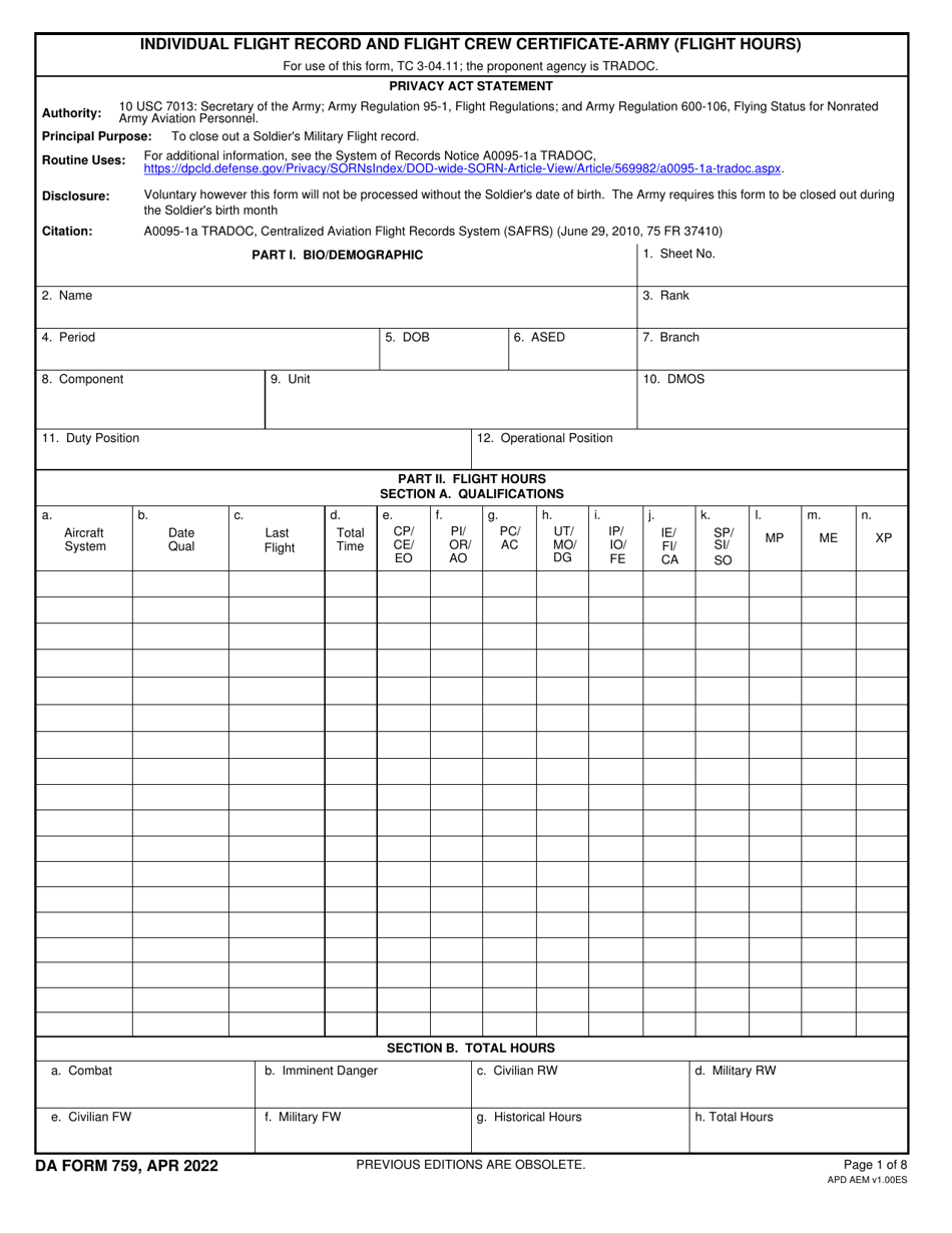 DA Form 759 Individual Flight Record and Flight Crew Certificate-Army (Flight Hours), Page 1