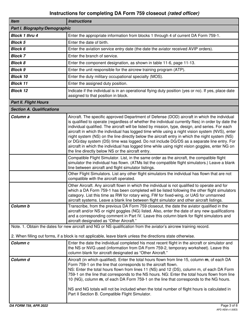 DA Form 759 Individual Flight Record and Flight Crew Certificate-Army (Flight Hours), Page 3