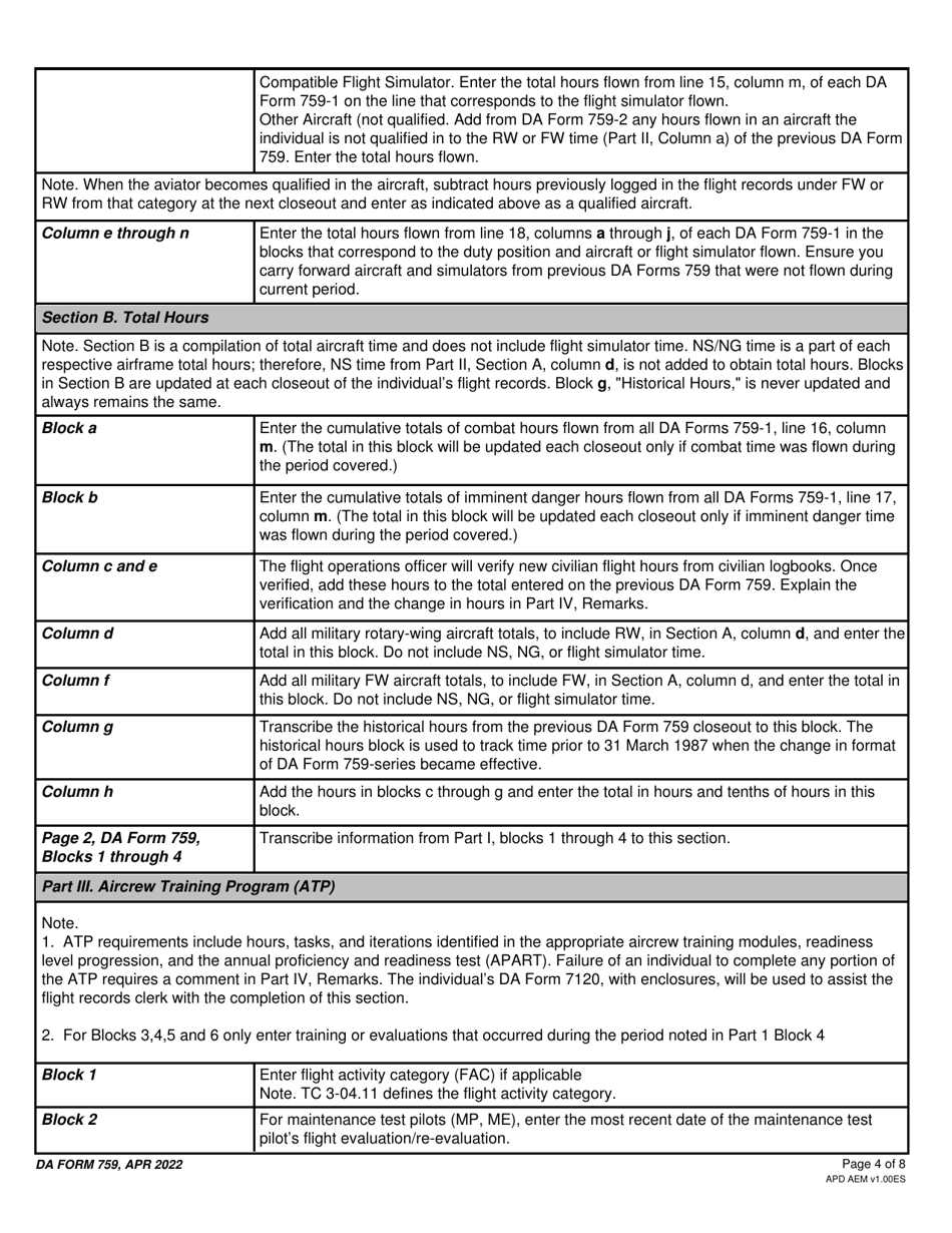 DA Form 759 Individual Flight Record and Flight Crew Certificate-Army (Flight Hours), Page 4