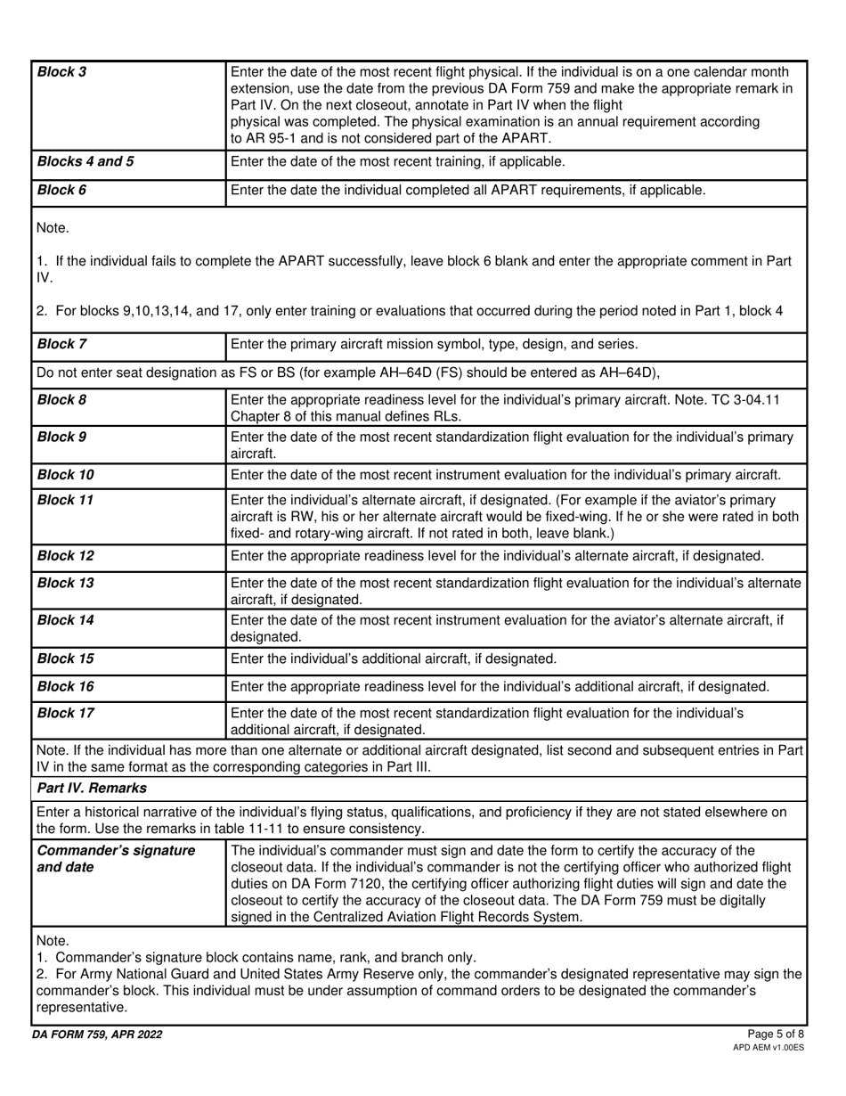DA Form 759 Individual Flight Record and Flight Crew Certificate-Army (Flight Hours), Page 5