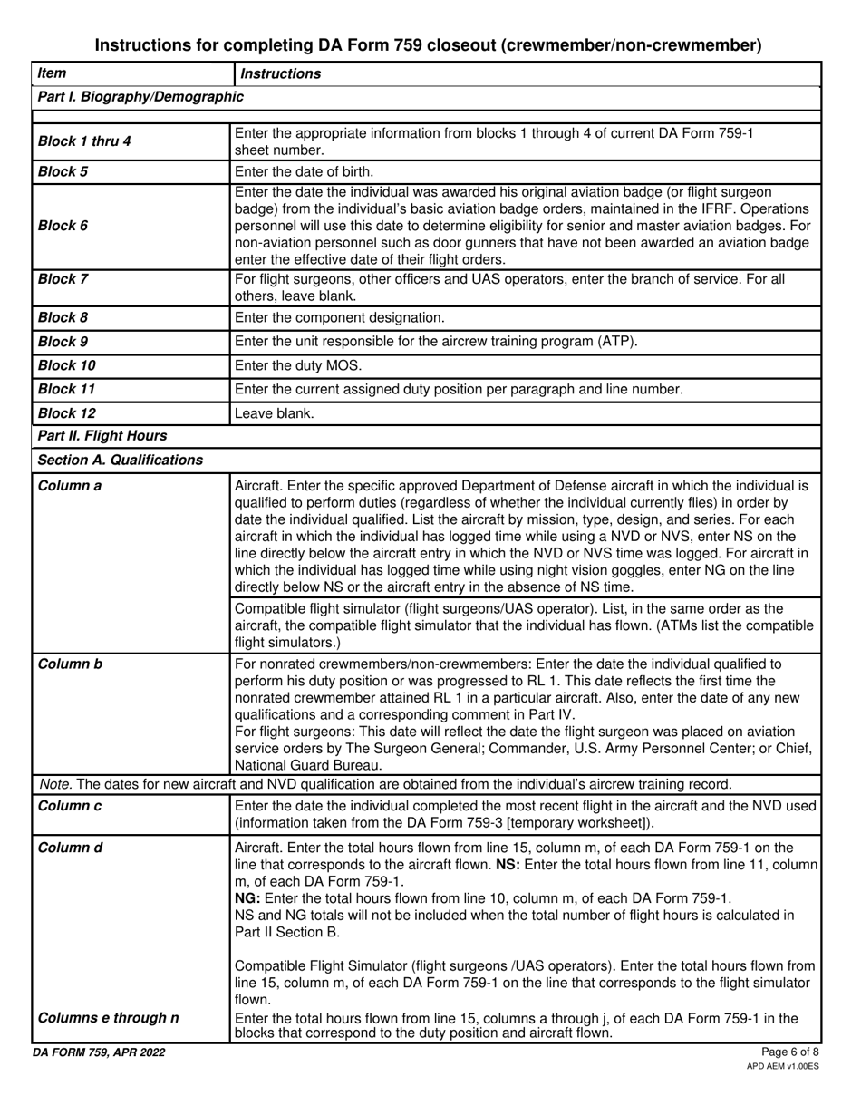 DA Form 759 Individual Flight Record and Flight Crew Certificate-Army (Flight Hours), Page 6