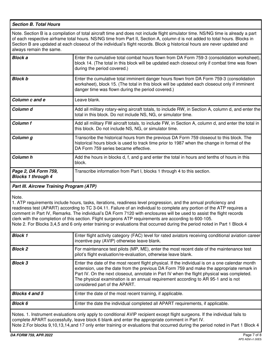 DA Form 759 Individual Flight Record and Flight Crew Certificate-Army (Flight Hours), Page 7