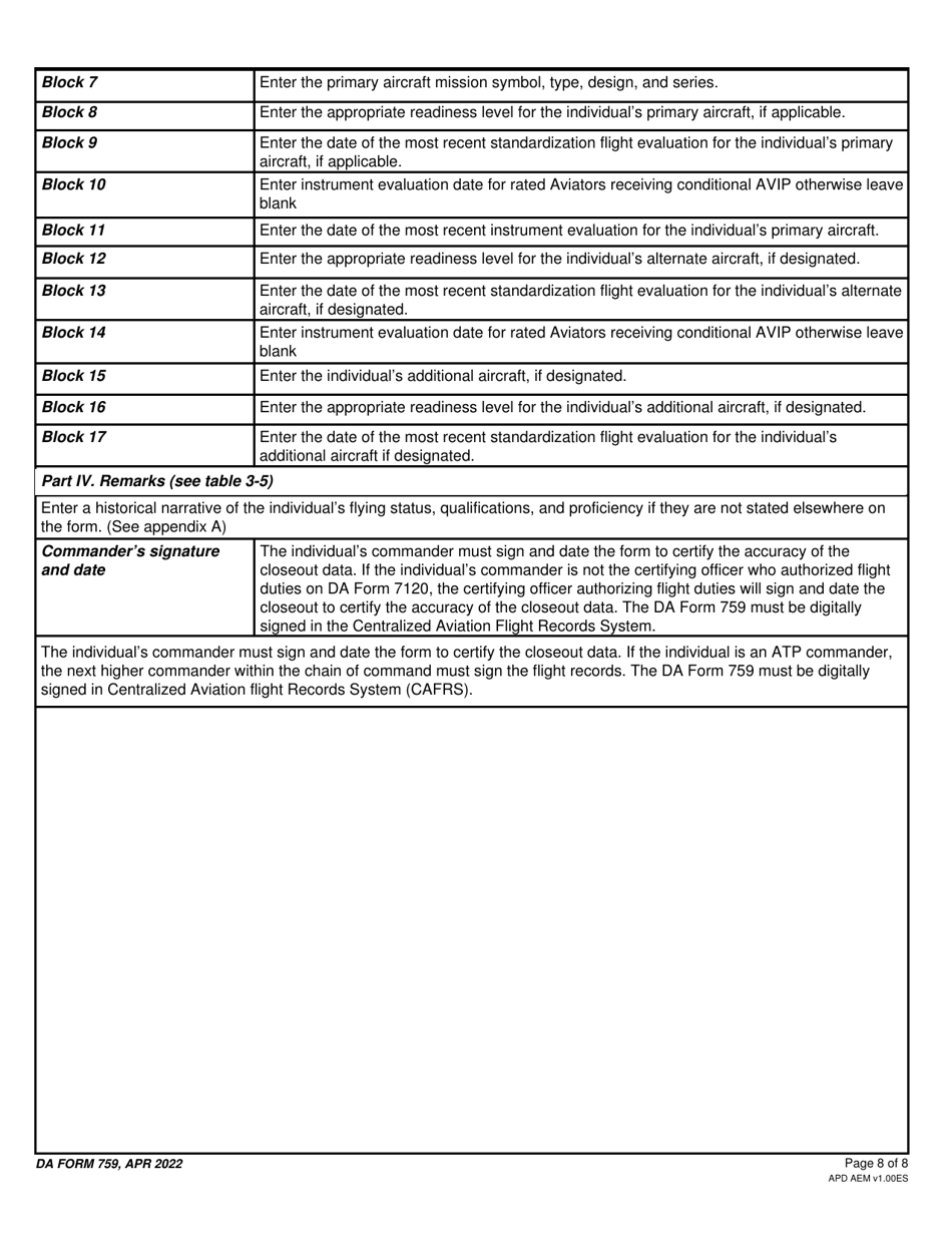 DA Form 759 Individual Flight Record and Flight Crew Certificate-Army (Flight Hours), Page 8