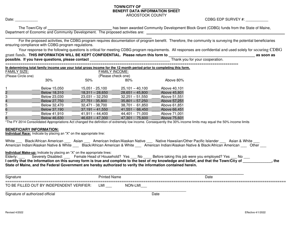 Edp Benefit Data Information Sheet - Aroostook County - Maine, Page 1