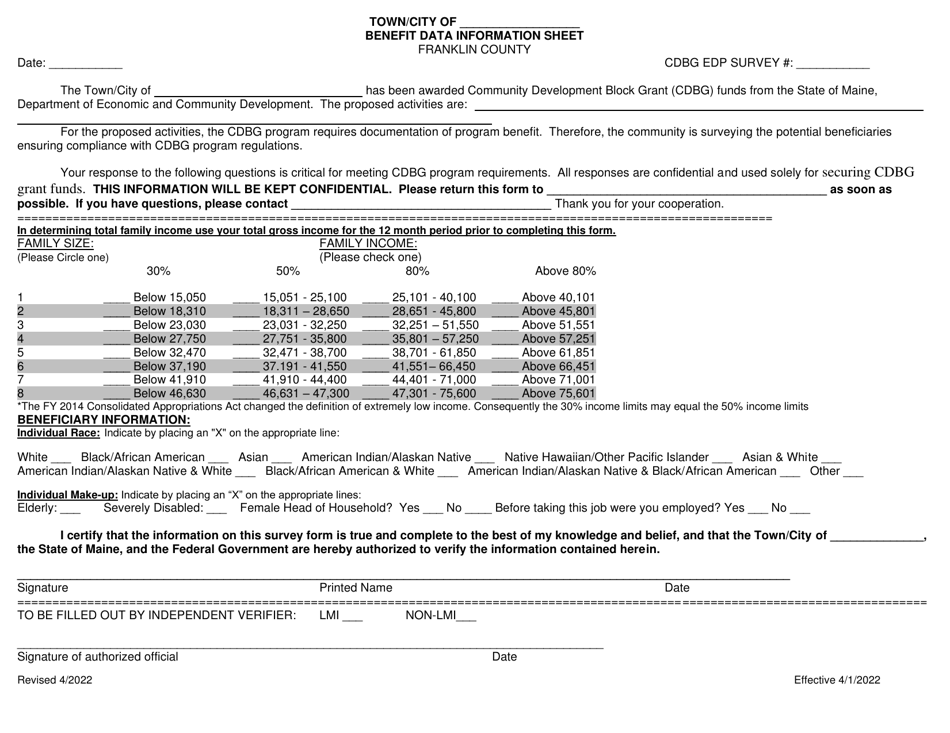 Maine Edp Benefit Data Information Sheet Franklin County Fill Out