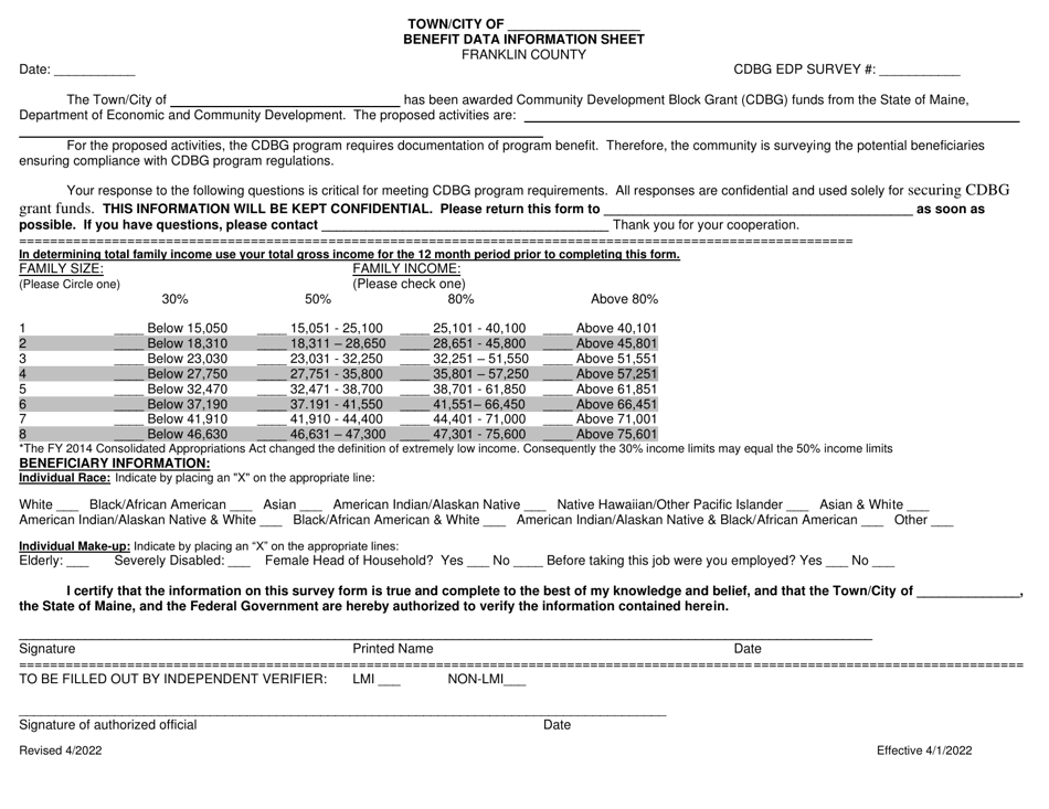 Edp Benefit Data Information Sheet - Franklin County - Maine, Page 1