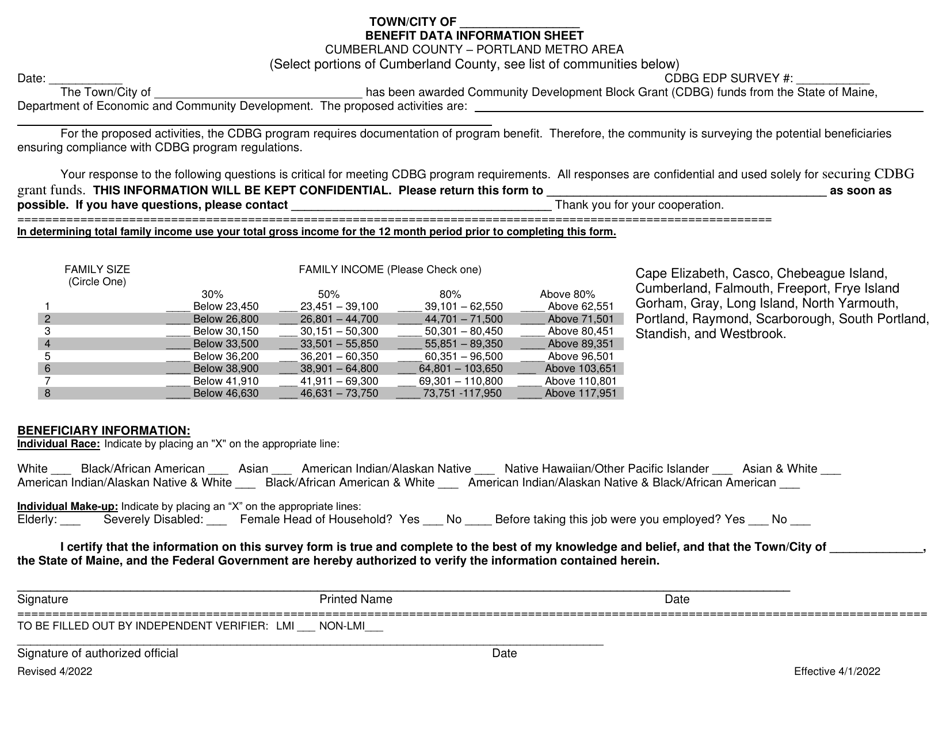 Edp Benefit Data Information Sheet - Cumberland County - Portland Metro - Maine, Page 1