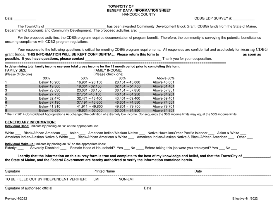 Maine Edp Benefit Data Information Sheet Hancock County Fill Out