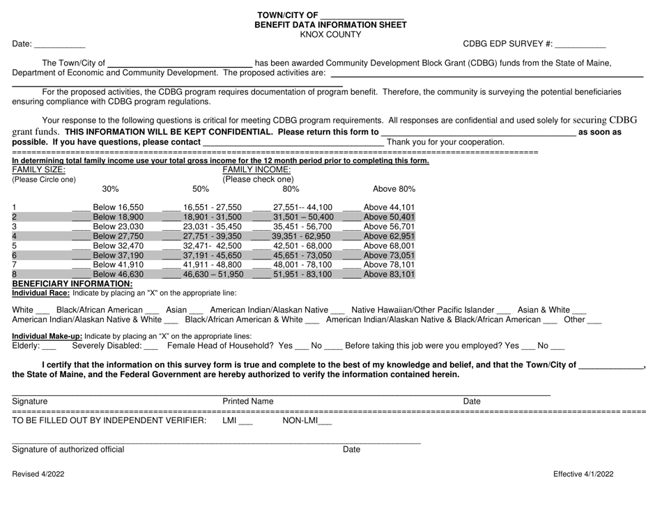 Maine Edp Benefit Data Information Sheet Knox County Fill Out, Sign