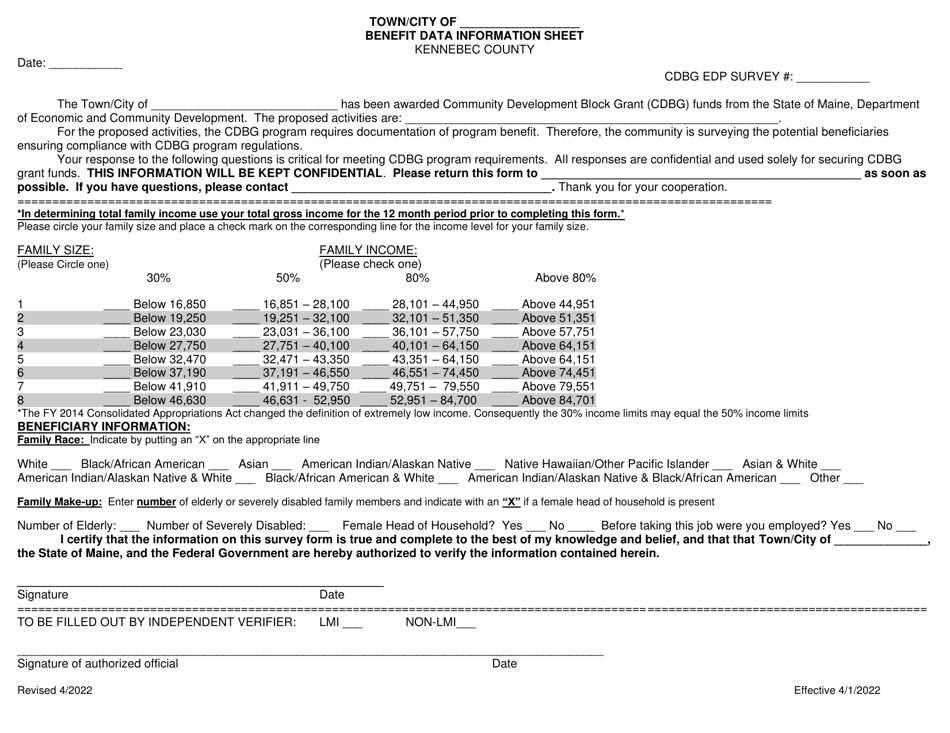 Edp Benefit Data Information Sheet - Kennebec County - Maine, Page 1