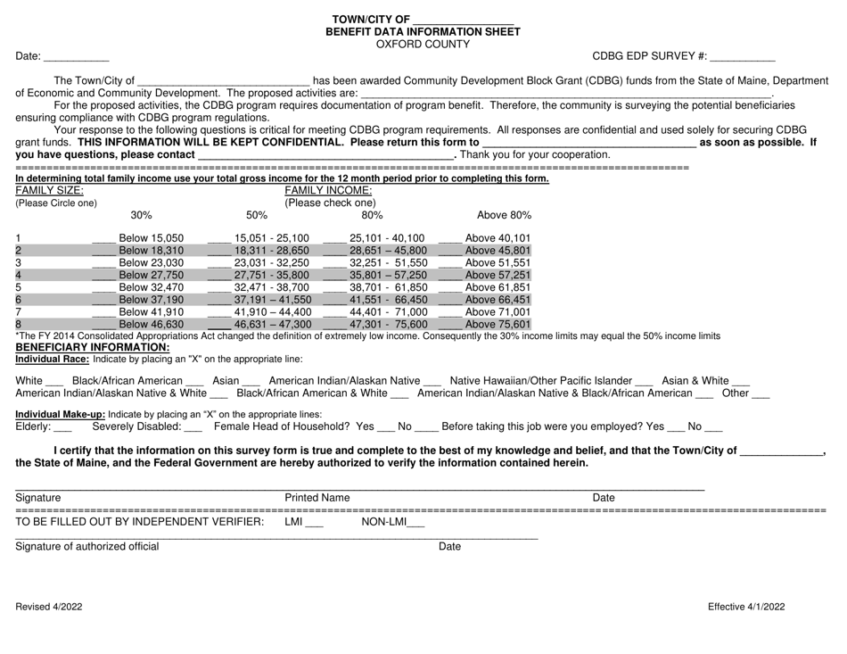 Edp Benefit Data Information Sheet - Oxford County - Maine, Page 1