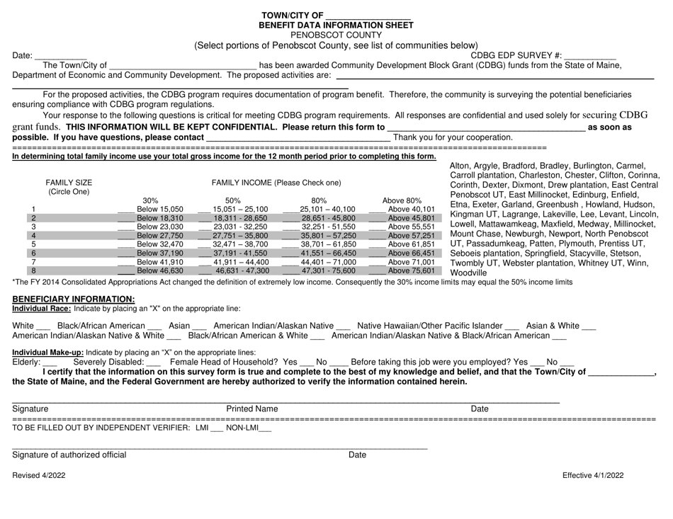 Edp Benefit Data Information Sheet - Penobscot County - Maine, Page 1