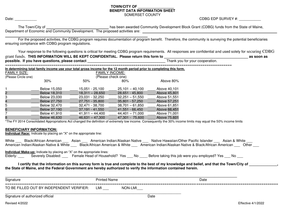 Maine Edp Benefit Data Information Sheet Somerset County Fill Out, Sign Online and Download