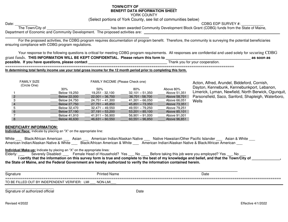 Edp Benefit Data Information Sheet - York County - Maine, Page 1