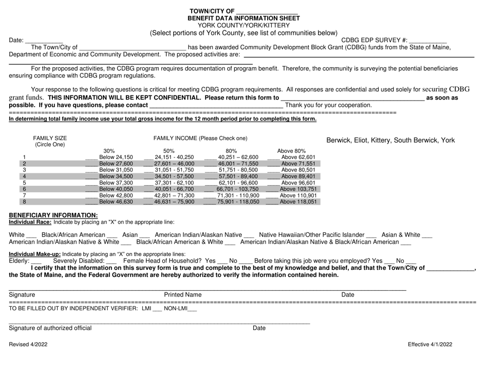Edp Benefit Data Information Sheet - York County - Kittery - Maine, Page 1