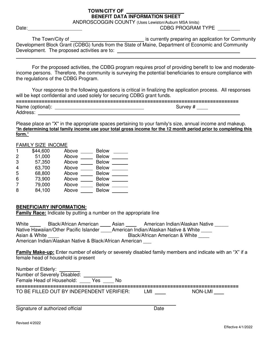 Maine Benefit Data Information Sheet Androscoggin County Fill Out, Sign Online and Download