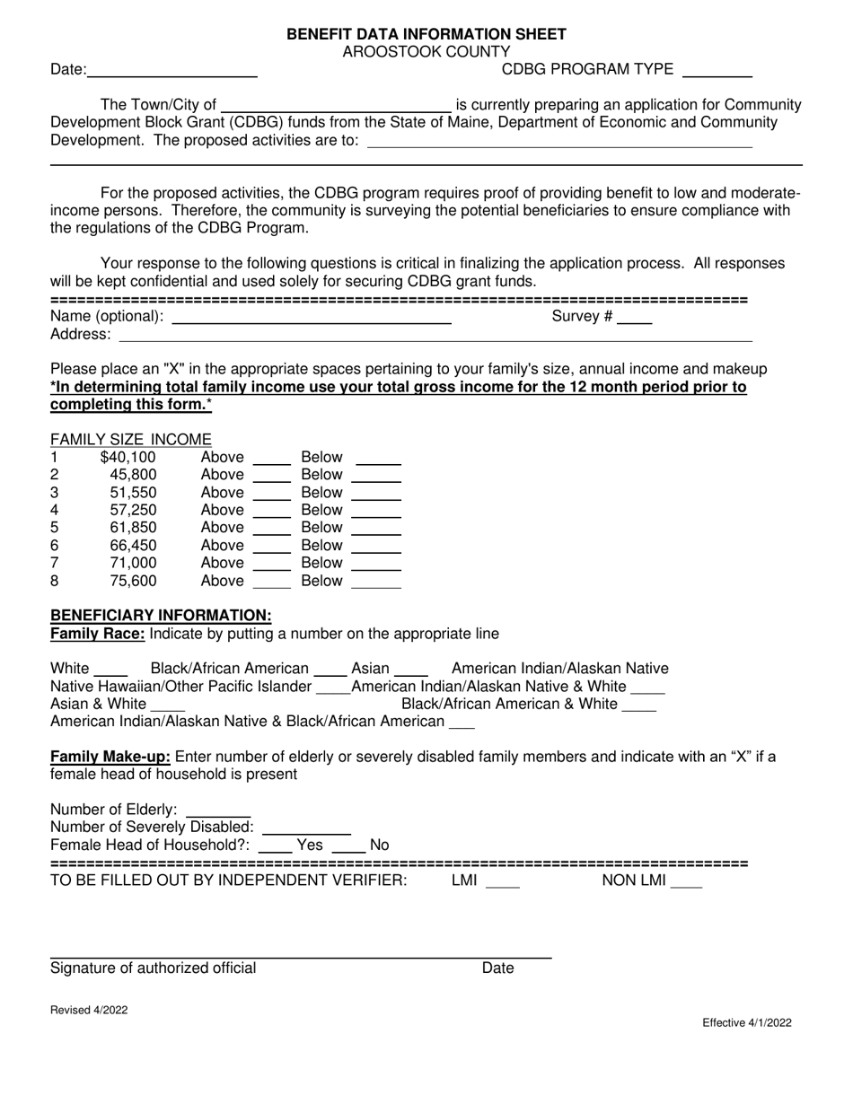 Maine Benefit Data Information Sheet - Aroostook County - Fill Out ...