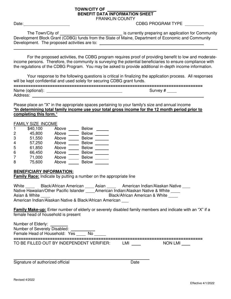 Benefit Data Information Sheet - Franklin County - Maine, Page 1