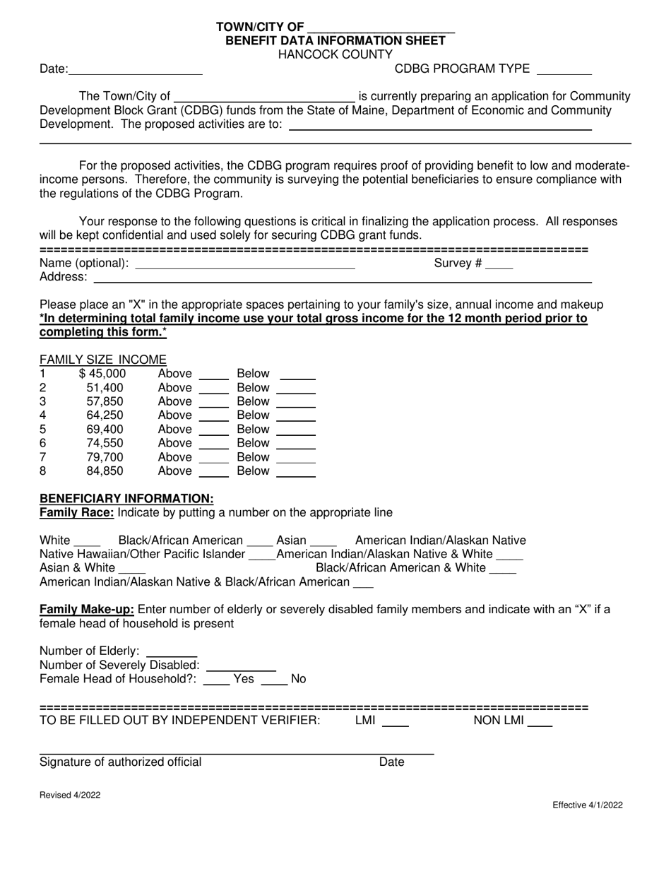 Benefit Data Information Sheet - Hancock County - Maine, Page 1