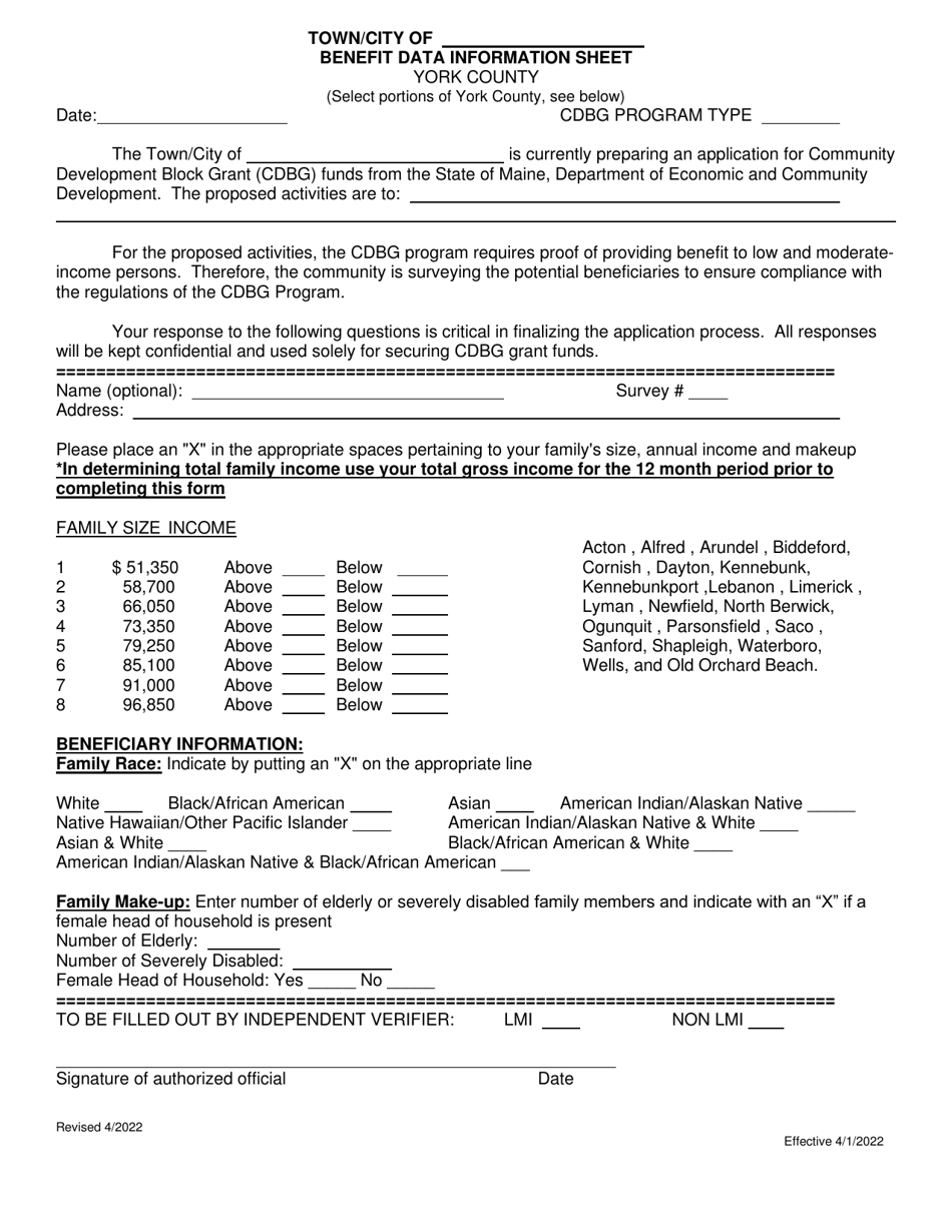 Benefit Data Information Sheet - York County - Maine, Page 1
