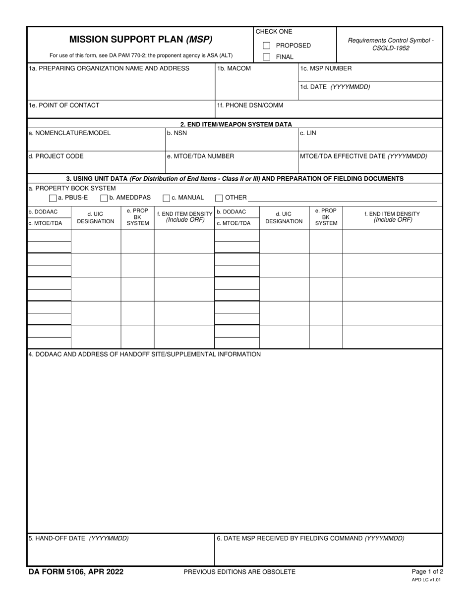 DA Form 5106 Download Fillable PDF or Fill Online Mission Support Plan (Msp) 2013 — 2024 | Templateroller