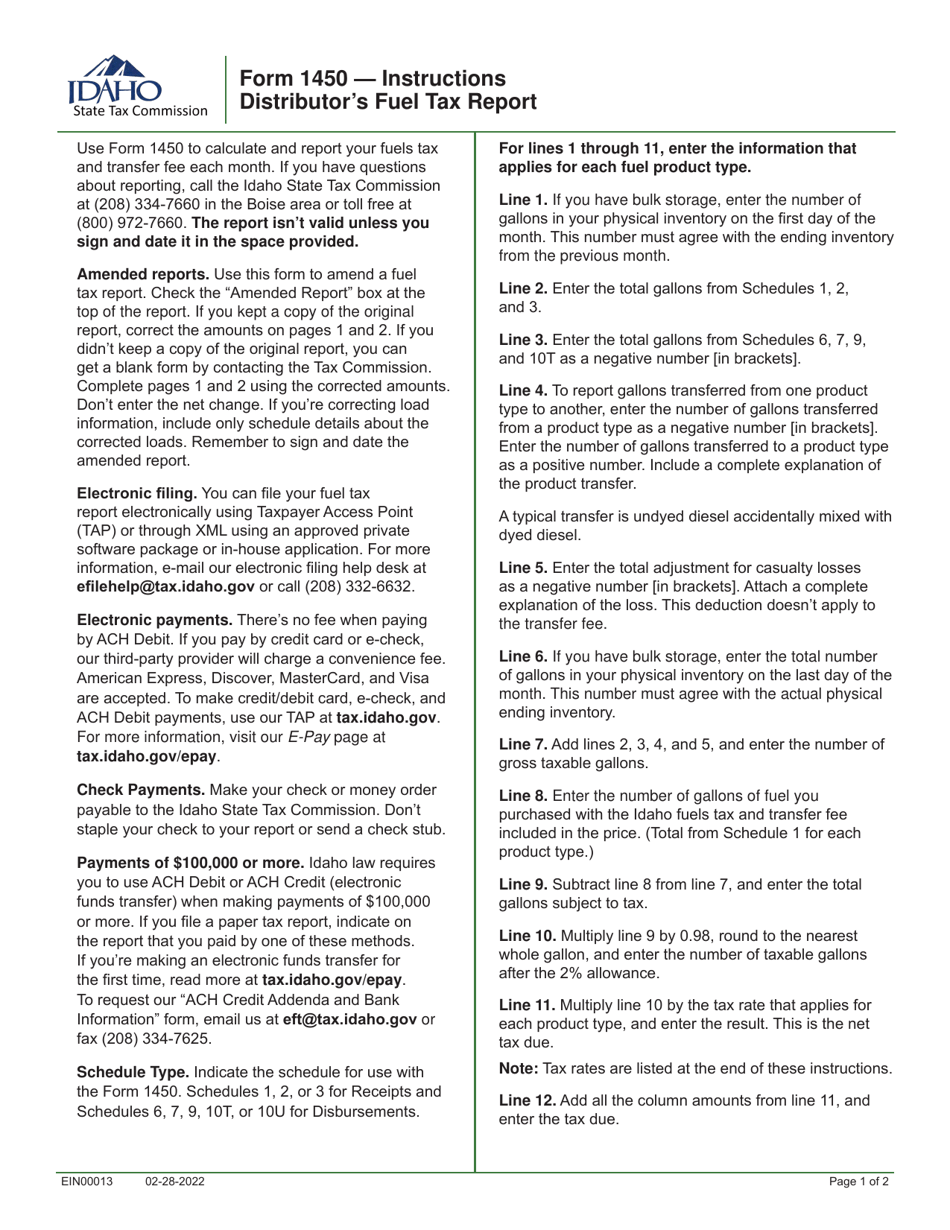 Instructions for Form 1450 Distributors Fuel Tax Report - Idaho, Page 1