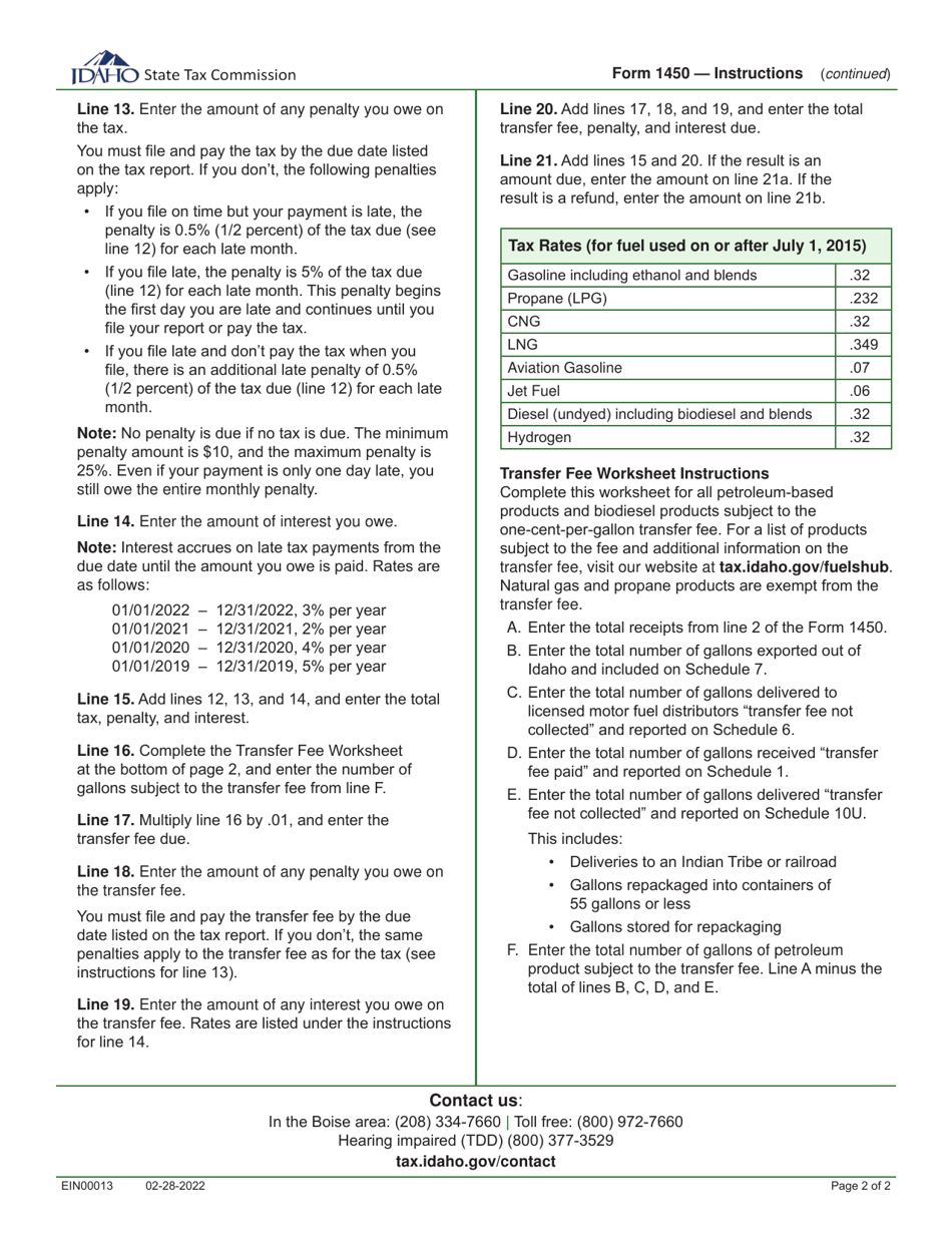 Instructions for Form 1450 Distributors Fuel Tax Report - Idaho, Page 2