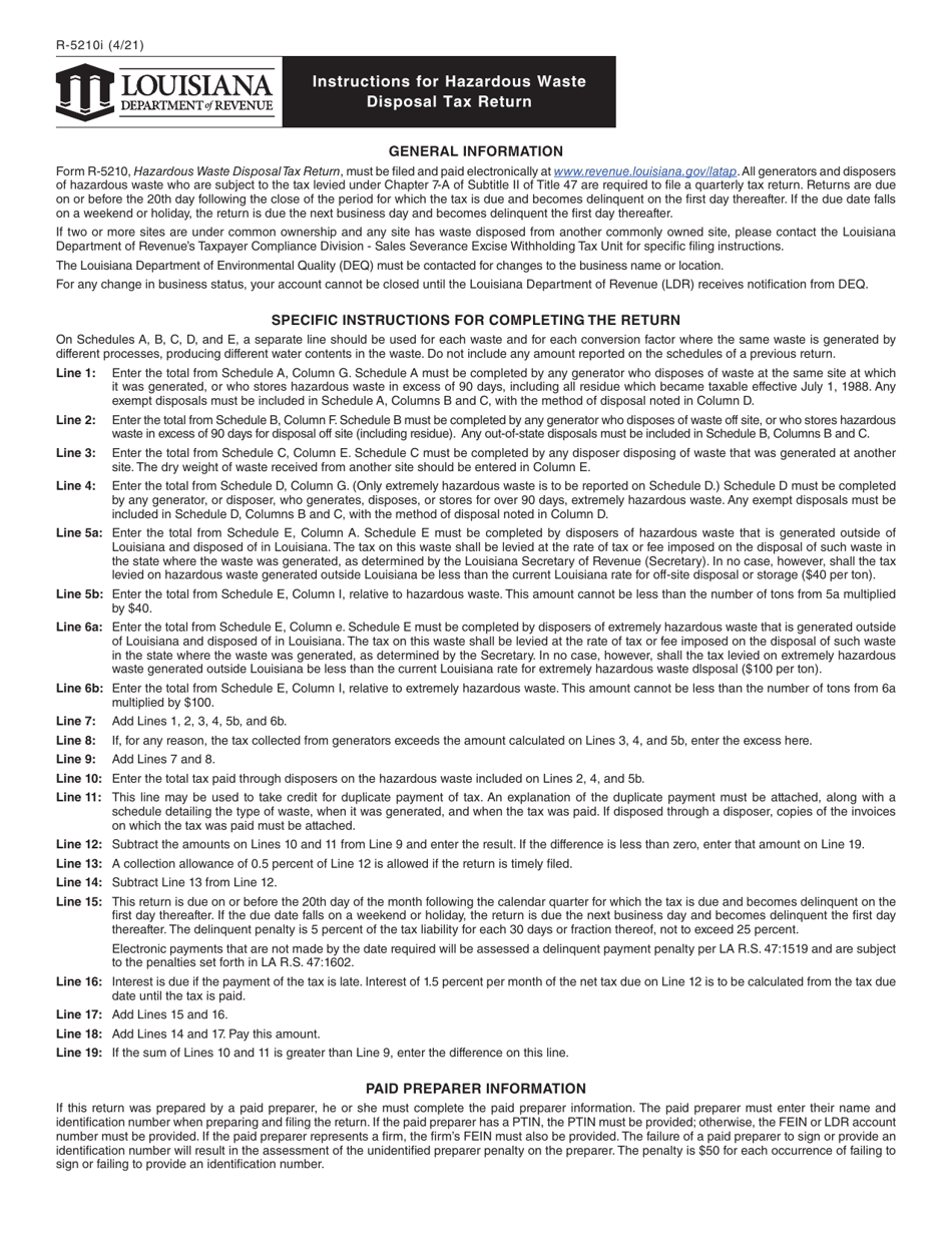 Instructions for Form R-5210 Hazardous Waste Disposal Tax Return - Louisiana, Page 1