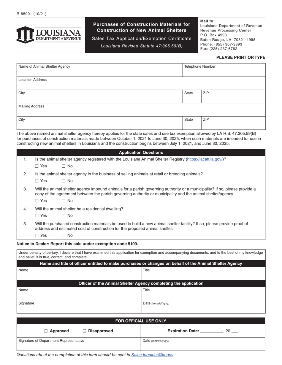 Form R-85001 Purchases of Construction Materials for Construction of New Animal Shelters Sales Tax Application / Exemption Certificate - Louisiana, Page 1