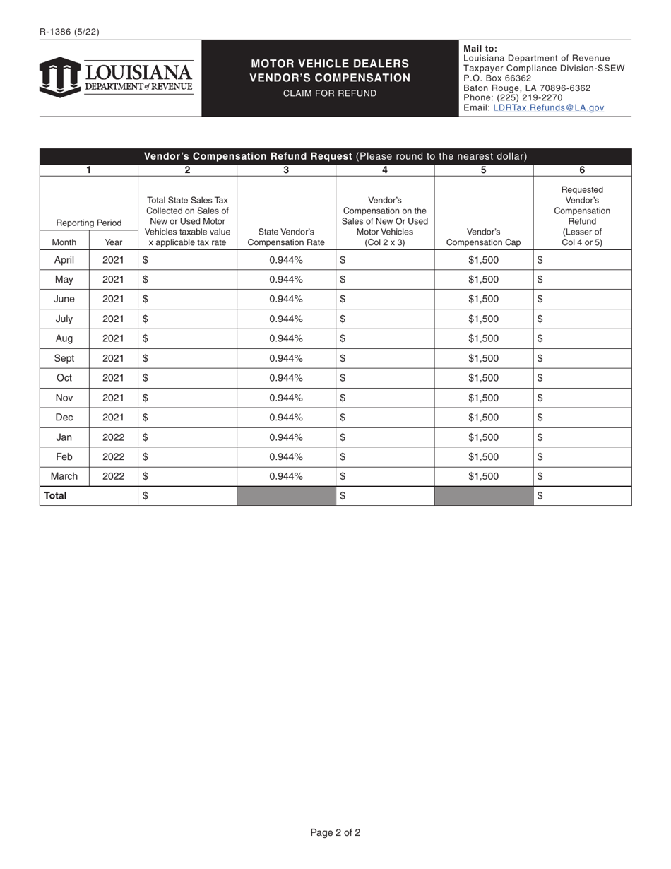 Form R-1386 Motor Vehicle Dealers Vendors Compensation Claim for Refund - Louisiana, Page 2