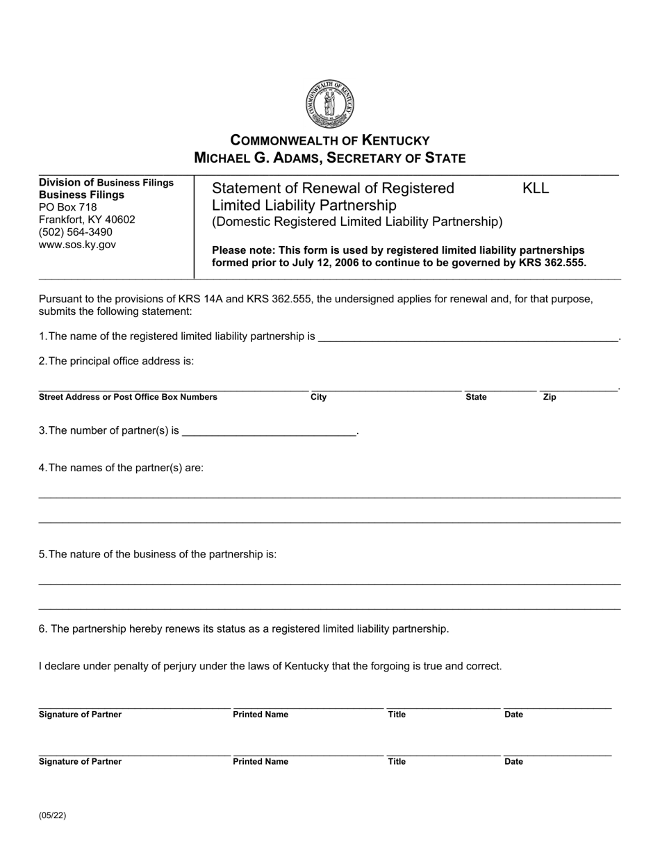 Form KLL Statement of Renewal of Registered Limited Liability Partnership (Domestic Registered Limited Liability Partnership) - Kentucky, Page 1
