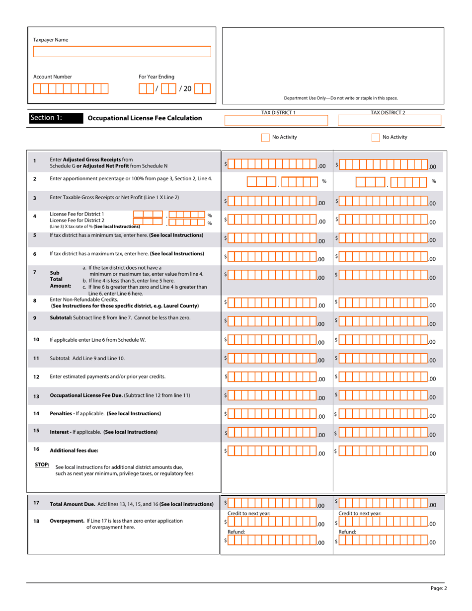 Form OL-D Dual Tax District Occupational License Fee Return - Kentucky, Page 2