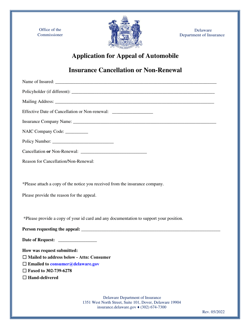 Application for Appeal of Automobile Insurance Cancellation or Non-renewal - Delaware, Page 1
