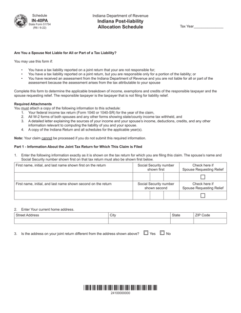Form IN-40PA (State Form 51754)  Printable Pdf