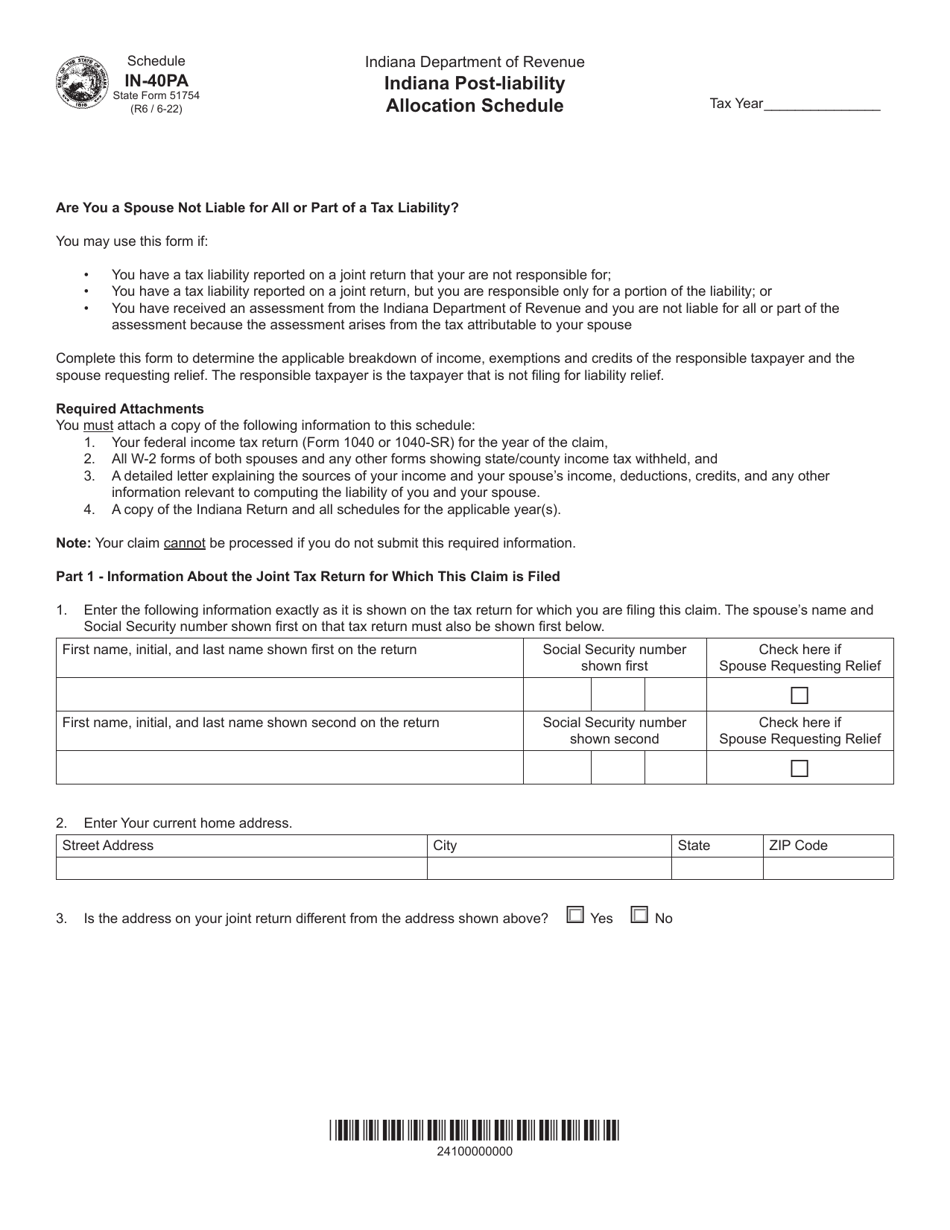 Form IN-40PA (State Form 51754) Indiana Post-liability Allocation Schedule - Indiana, Page 1
